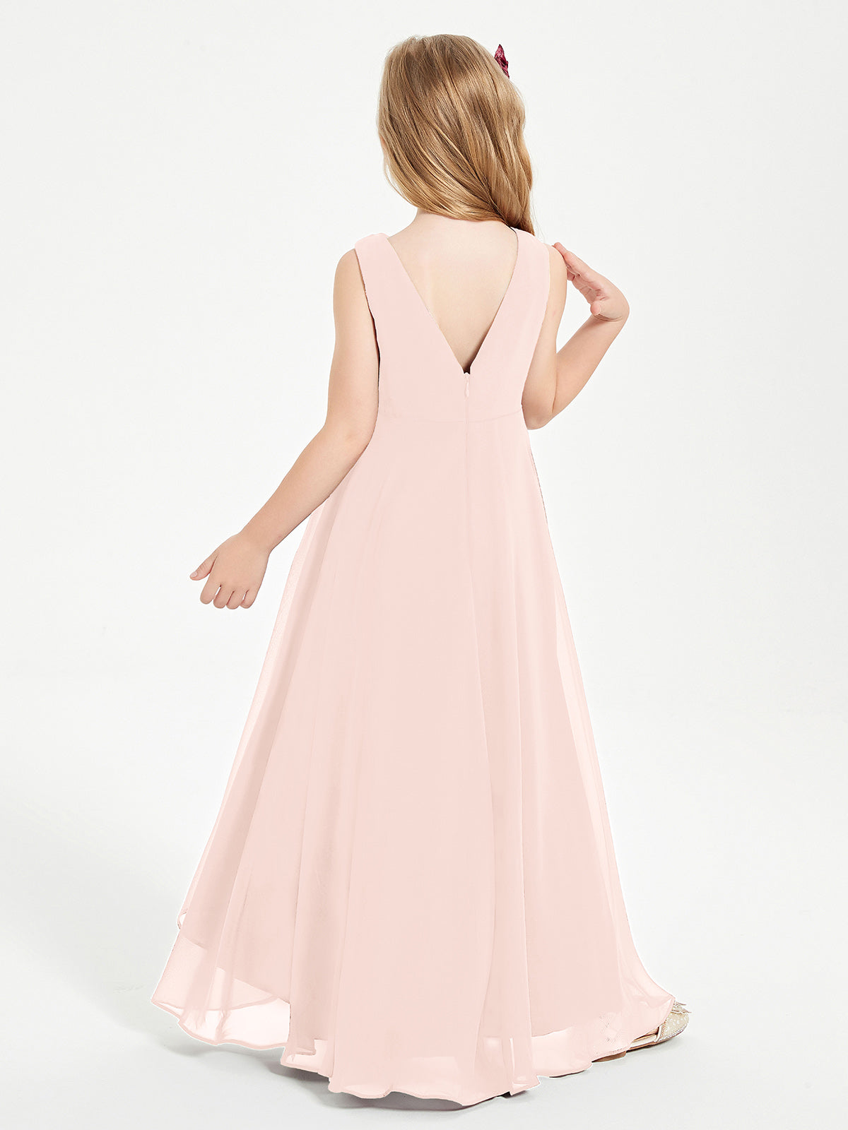 Modern Asymmetrical Cowl Neck Junior Bridesmaid Dresses Pearl Pink